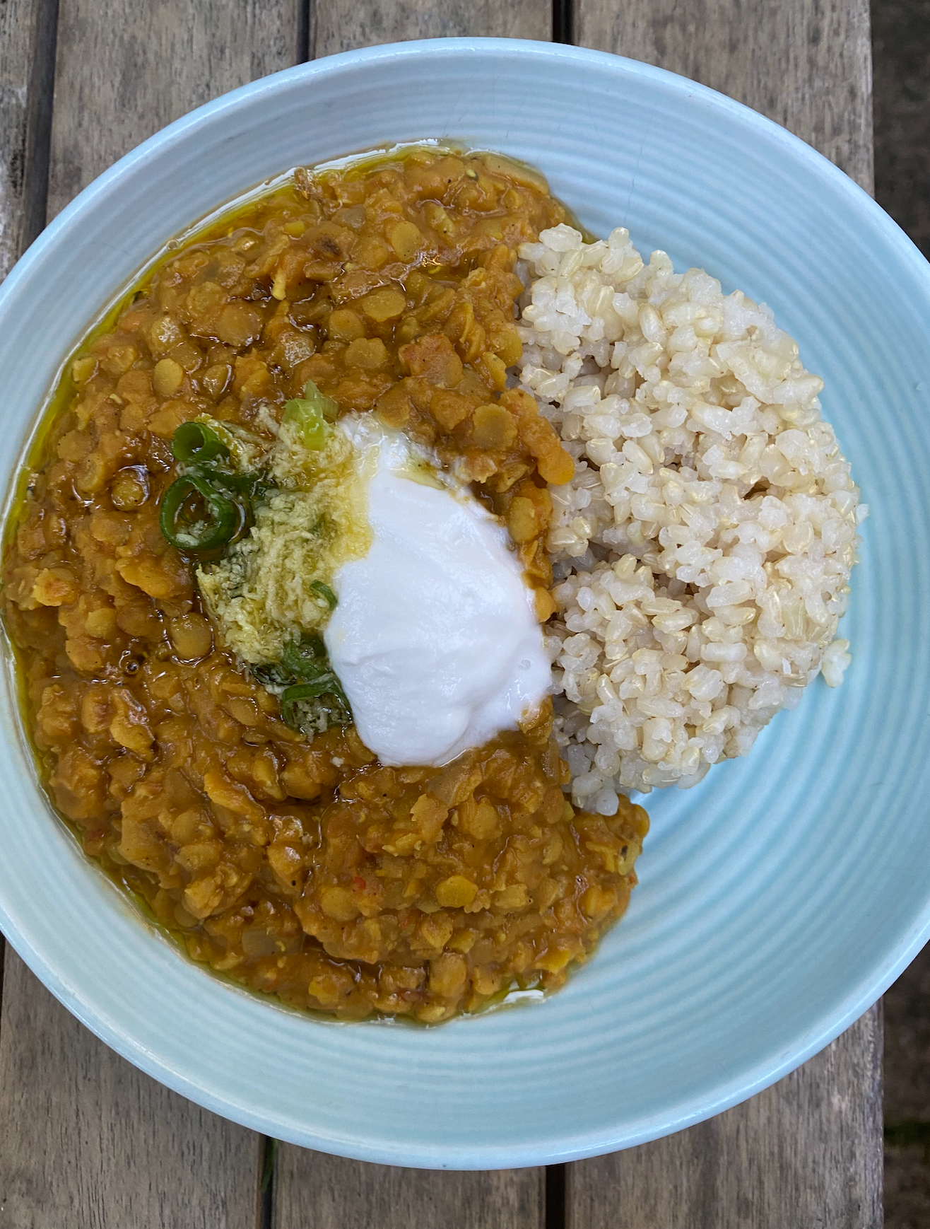 Plant Based Meals: Ginger Turmeric Red Lentil Dahl with Brown Rice & Greens